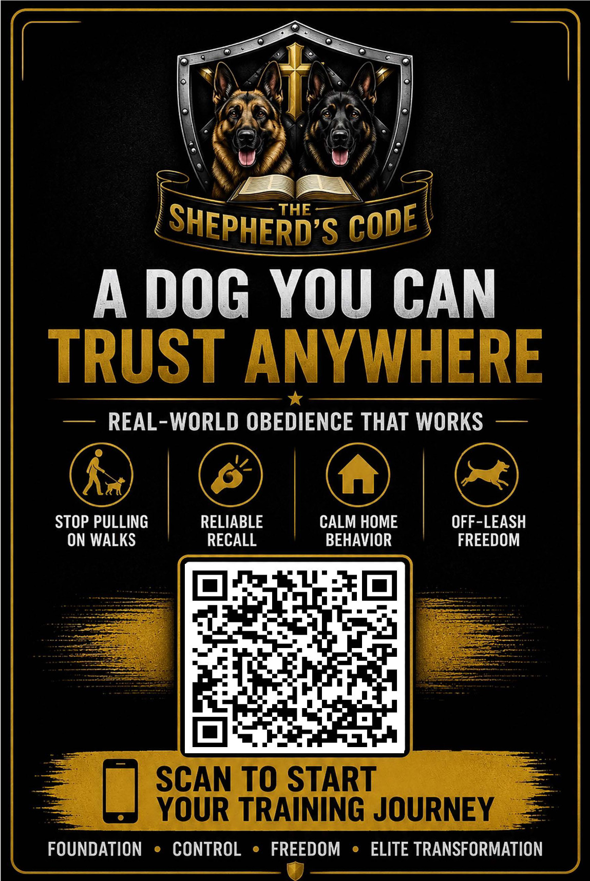 The Shepherd's Code rack card with QR code — scan to start your training journey
